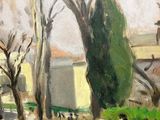 a painting of people walking in a park with trees