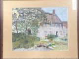 tableau représentant une maison au toit de chaume, dans un cadre