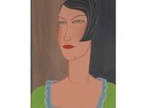 a painting of a woman in a green dress with a black hair