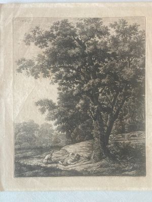 an old picture of a tree in a field with a dog laying on the ground