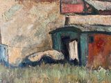 a painting of an old building in a field
