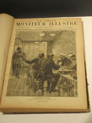 un vieux livre sur lequel figure la photo d'un groupe de personnes assises autour d'une table