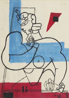 drawing of a man sitting on a chair with a red kite in the background