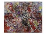 une peinture abstraite représentant des fleurs dans un vase posé sur une table