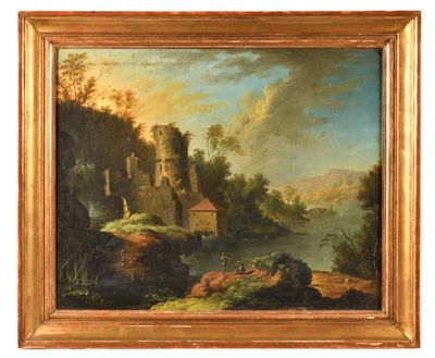 a painting of a river scene with a castle in the background