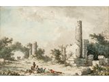 a painting of a group of people sitting on the ground in front of ruins