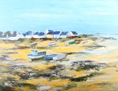 a painting of boats on the beach by the water