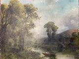 une peinture à l'huile représentant une scène de rivière avec un bateau au premier plan