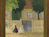 an oil painting of two women sitting on a bench in front of a building