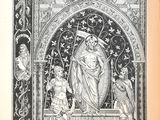 un vieux dessin en noir et blanc représentant une statue, dans un cadre