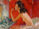 une peinture à l'huile représentant une femme assise sur un lit devant un miroir