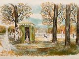 un dessin représentant un belvédère dans un parc avec des arbres