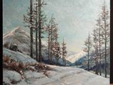 an oil painting of a snowy mountain scene with pine trees