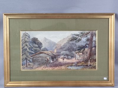 framed watercolor painting of a cabin in the mountains by a stream