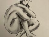 pencil drawing of a nude woman sitting on the ground with her hands on her knees