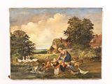 tableau représentant une femme nourrissant des poules dans un champ, avec une maison en arrière-plan