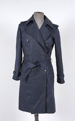 an image of a blue trench coat on a mannequin mannequin