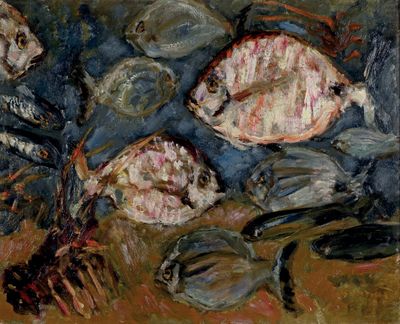 une peinture représentant un groupe de poissons sur une table