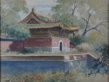 an oil painting of a building with a pond in front of it