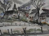 a watercolor painting of a village in the mountains