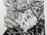 dessin au crayon représentant une image en noir et blanc d'une forêt
