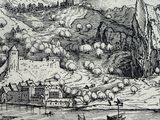 drawing of a landscape with a river and a mountain in the distance