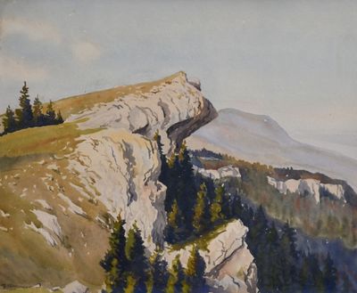une peinture représentant une montagne avec des arbres sur l'un de ses versants