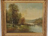 an oil painting of a river scene with a man and a dog