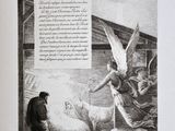 a black and white drawing of a man kneeling down to a sheep