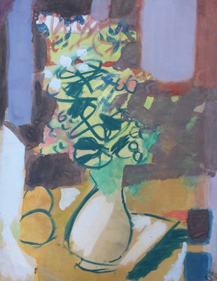 une peinture représentant un vase de fleurs sur une table
