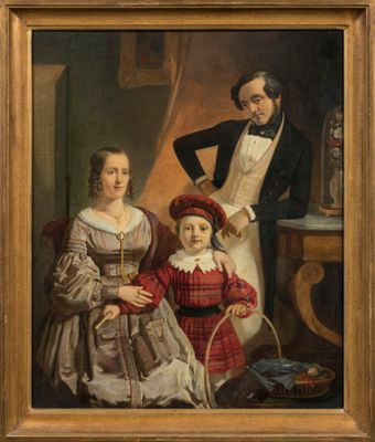un vieux tableau représentant un homme, une femme et un enfant