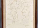 dessin représentant un homme et une femme assis à une table avec un vase