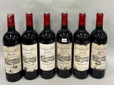 six bottles of wine are lined up in a row on a table