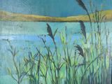 une peinture représentant une peinture d'un lac avec des roseaux