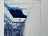 a picture of a painting of a building with a sky in the background