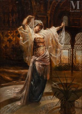 une peinture à l'huile représentant une femme en robe blanche tenant un éventail