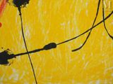 yellow and black abstract painting with red and black flowers on a yellow background