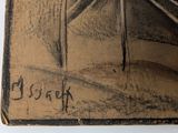 drawing of a man sitting on a bench in a room