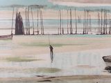 a painting of a man standing on the beach next to a boat
