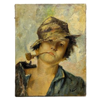 tableau représentant un homme avec une pipe à la bouche et un chapeau sur la tête