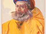 a painting of a man in a yellow jacket and blue hat