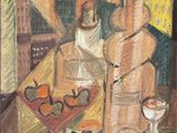 une nature morte représentant une bouteille de vin et une corbeille de fruits