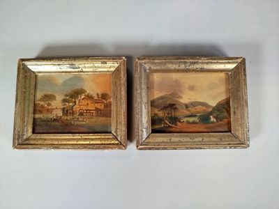 paire de tableaux à l'huile sur toile du XIXe siècle représentant une scène de village