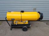 a small yellow proprigerator sitting on a cart in front of a garage