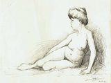 dessin représentant une femme nue assise par terre, les jambes croisées