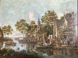 painting of a river scene with people on boats and a town in the background