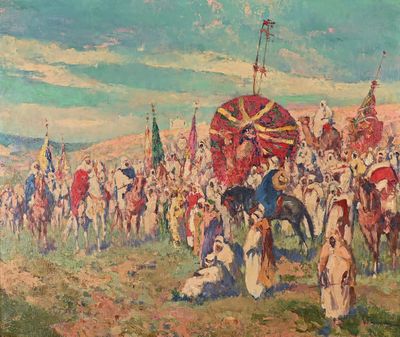tableau représentant un grand groupe de personnes à cheval et un homme à cheval