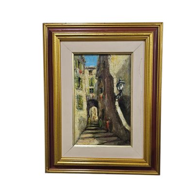 an image of a painting of a street scene with a horse