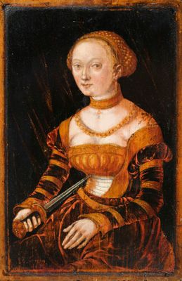 a painting of a woman in a red dress holding a knife