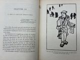 an open book with a drawing of a man holding a newspaper